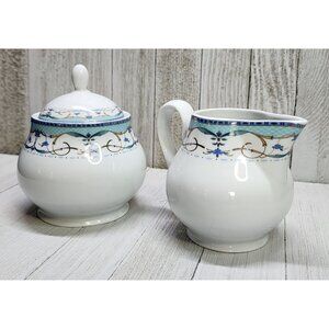 Vintage Gural Porcelain Creamer and Sugar Bowl Blue Gold Accents 9001 Set of 2